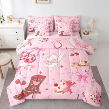Imagem de Feelyou Conjunto de cama solteiro com laço rosa, 7 peças, para decoração de quarto de meninos e meninas, adolescentes, lençol com edredom, lençóis, fronhas, mulheres, homens, estampa de estrela fofa