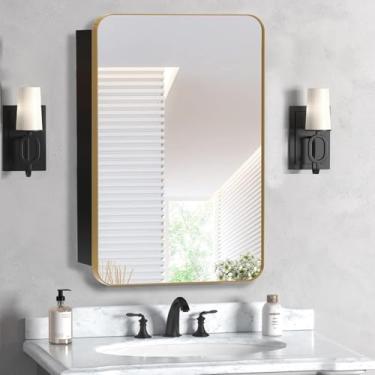 Imagem de HESONTH Armário de remédios com espelho design moderno armário de armazenamento de banheiro de fazenda para banheiro, cozinha, lavanderia (40 x 66, ouro)