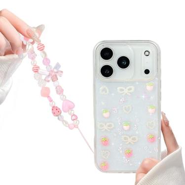 Imagem de Fycyko Compatível com iPhone 17 Pro Max 3D Strawberry Pearl Bow Clear with Design Estético Mulheres Adolescentes Meninas Glitter Bonito Brilhante Bonito Girly Lindas Capas de Telemóvel Capa Protetora