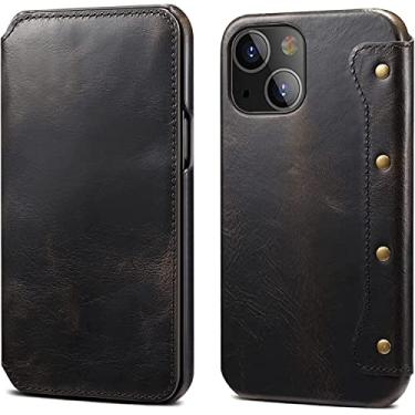 Imagem de EKESA Capa carteira para iPhone 13 Mini, capa de telefone flip de couro genuíno feito à mão com porta-cartão forro de fibra macia capa fólio para iPhone 13 Mini 5,4 polegadas (Cor: Preto)