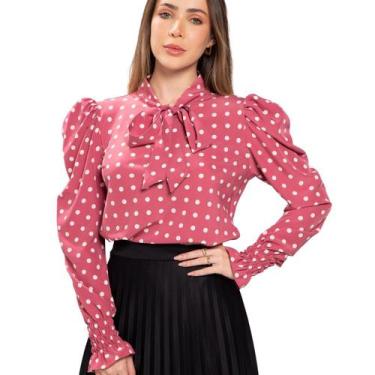 Imagem de Camisa Blusa Feminina Manga Longa Bufante Com Gola Laço Poa - Look Mod
