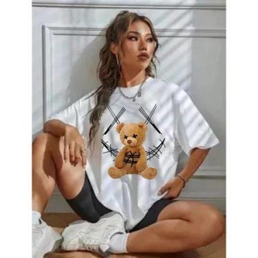 Imagem de Camiseta oversized grande ombro caído tendência urso sorrindo - loja d