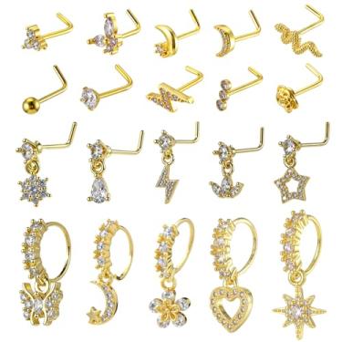 Imagem de Neyauo 20 peças de anel de nariz com pingente de nariz, joia para mulheres, zircônia cúbica, nariz, ouro, pingente de coração, flor, folha, estrela, lua, borboleta, multiestilo, nariz, joia para