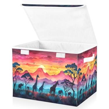 Imagem de Blueangle Cestos de armazenamento do pôr do sol africano com tampas, 42 x 32 x 30 cm, grande cesta organizadora dobrável para decoração de escritório e armário (424)