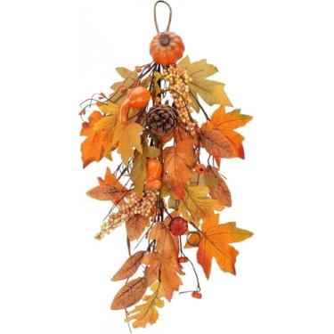 Imagem de NAHUAA Plantas artificiais de bordo, laranja, folhas de outono, videira pendurada com pinha, abóbora, pinha, flores de seda, decoração de outono para decoração de casa, parede, porta da frente