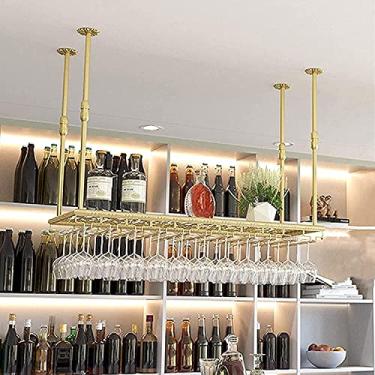 Imagem de Rack de vinho de metal industrial - Rack de vidro de vinho suspenso retrô prateleira flutuante com hastes ajustáveis, suporte de taças douradas, para bares e cozinhas (tamanho: 60 cm) (120 cm) ()