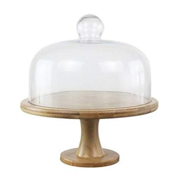Imagem de Suporte de bolo de madeira com cúpula de vidro, suporte transparente para bolo, caixa de doces, bandejas de servir para aniversário, sobremesa, suporte de cupcake