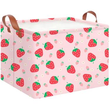 Imagem de CLOCOR Cesta de armazenamento retangular, caixa de armazenamento dobrável com padrão fofo, caixa de livros à prova d'água com alças, cesta de presente (morango)