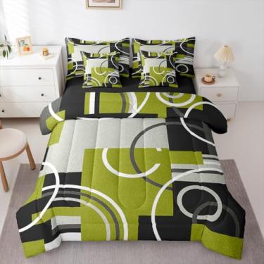 Imagem de Erosebridal Jogo de cama solteiro de 7 peças, círculos, redemoinhos, verde e amarelo, ilhoses quadrados, geométrico, preto, cinza, patchwork, textura gráfica moderna, conjunto de lençol com edredom