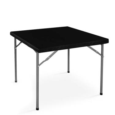 Imagem de LUSHVIDA Toalha de mesa preta de vinil para cartão com forro de flanela 61 x 61 cm - capa de mesa de piquenique de plástico impermeável para toalha de mesa pequena quadrada dobrável com cantos