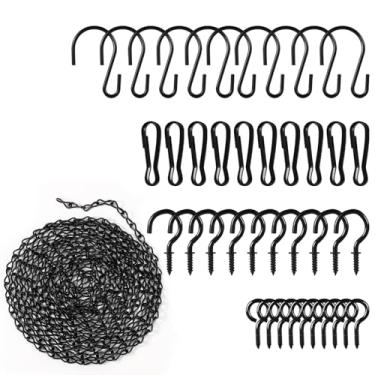 Imagem de Corrente suspensa de 380 cm para plantadores, corrente de metal preto com 10 ganchos S, 10 ganchos de olhal e 10 ganchos de parafuso e 10 clipes para alimentadores de pássaros, sinos de vento