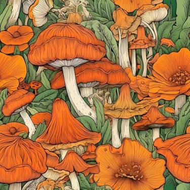 Imagem de MuralPeel Papel de parede Boho laranja/verde cogumelo florestal descasque e cole autoadesivo removível fácil de remover no papel de parede para locatário de armário de quarto