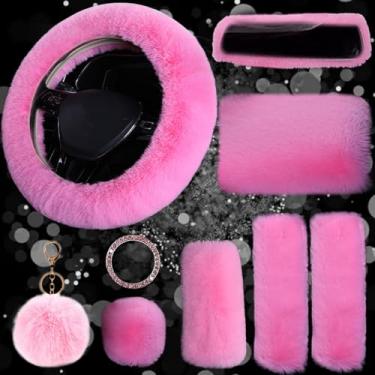 Imagem de Conjunto de 9 acessórios de carro fofos, capa de volante Silence Shopping fofa para o inverno, capa de volante de pele quente, acessórios de decoração de carro felpudos para mulheres e meninas (rosa)