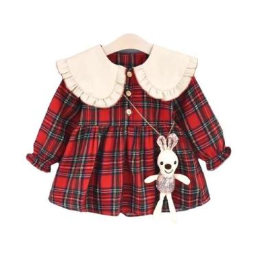 Imagem de Vestido Infantil Vermelho Xadrez De Manga Comprida, Primavera Outono, 