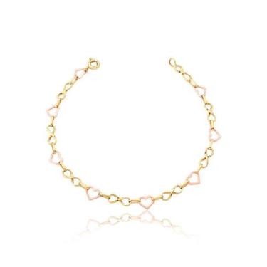Imagem de Pulseira feminina 18 cm ouro 10k infinito corações rosé - MAEHLER Arte