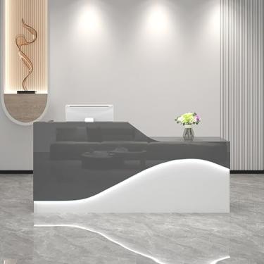 Imagem de Balcão moderno de caixa de varejo com gaveta e bandeja de teclado, mesa de frente elegante para recepção de salão e escritório (veias brancas, 140 x 49,8 x 99,8 cm)