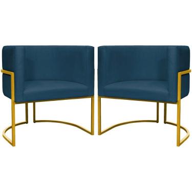 Imagem de Kit 2 Poltronas Cadeira Para Sala De Luna Suede Cores Base Dourada - Azul-marinho, Suede