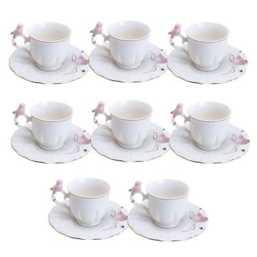 Imagem de Jogo 8 Xícara De Café Porcelana Rosa E Branca Birds Pássaro Com Pires 100ml Wolff