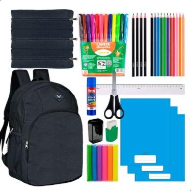 Imagem de Kit Material Escolar Caderno Brochura Estojo Duplo + Itens Masculino -