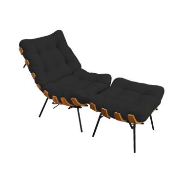 Imagem de Poltrona Costela Com Puff Em Linho Preto