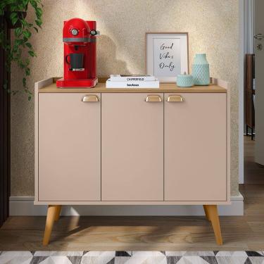 Imagem de Aparador Buffet 3 Portas Cantinho Café Prateleira Organizadora Puxador Concha Vintage Pés Retrô Decoração Sala Jantar Truzzi - Bege/Marrom- RPM