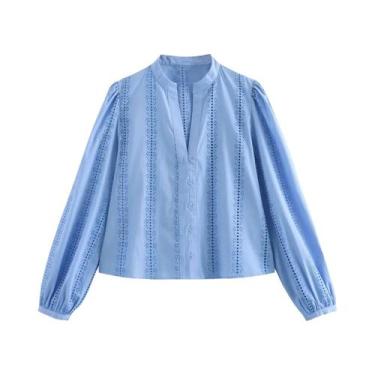 Imagem de Camisa Cropped Feminina Branca Com Manga Bufante, Detalhes Em Renda E 