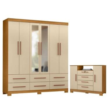 Imagem de Cômoda Madri e Guarda Roupa Casal New Kansas com Espelho Carvalho Americano Off White -...