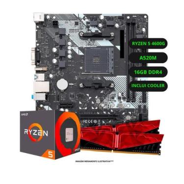 Imagem de Kit Upgrade AMD Ryzen 5 4600G Vega 7 Placa Mãe A520 Memória Ram 16GB D