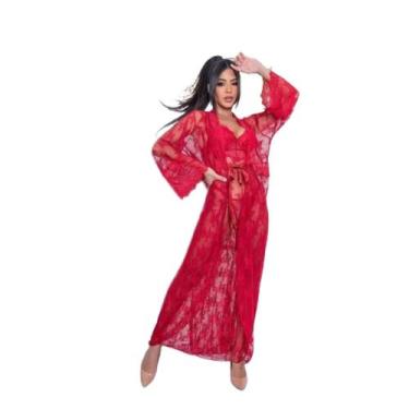 Imagem de Robe Roupão Camisola Longo Rendado com Fita de Cetim Baby Doll Rubi - 