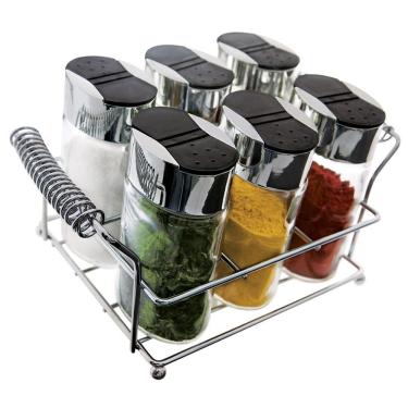 Imagem de Porta Condimentos Oval 6 Peças com Suporte em Aço Cromado Potes de Vidro 120ML Tampa Dosadora Inox Euro Home