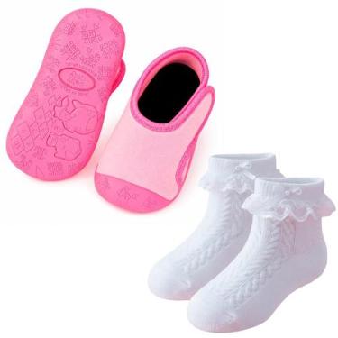 Imagem de Kit Sapatinho de Bebê Escolar Com Bico Protetor e Meia Cano Curto Laço
