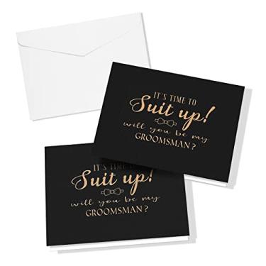 Imagem de Cartões de pedido Groomsman 8 peças Will You Be My Groomsman e 2 cartões de padrinho com envelopes conjunto de 10 cartões de convite de padrinhos pretos e dourados para festa de casamento