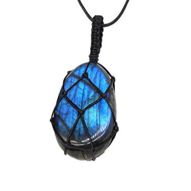 Imagem de AITELEI Colar de cristal labradorita natural, pingente de chacra de cura com corda tecida à mão, pedra labradorita, pedra da lua, pingente de pedra de cura, Pedra labradorita