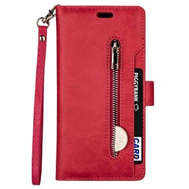 Imagem de Capa para iPhone 13, carteira de couro PU Folio Flip Case com zíper bolso slots para cartão fecho magnético capa protetora à prova de choque com alça de pulso para iPhone 13 (rosa vermelha)