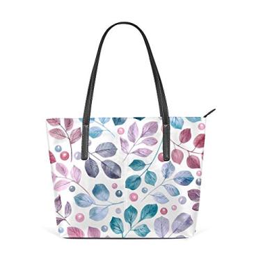 Imagem de Bolsa de ombro feminina sacola de couro, bolsa de compras, grande, trabalho, aquarela, verde, azul, rosa, folhas, sem costura, bolsa casual