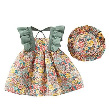 Imagem de Mercatoo Roupas para bebês meninas de 12 meses a 4 anos com suspensório floral de princesa com chapéu, roupas de verão, Verde, 12-18 Meses