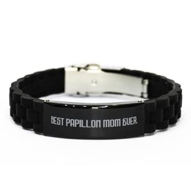 Imagem de SpreadPassion Best Papillon Mom Ever Pulseira preta com fecho glidelock Papillon Dog Gifts, pulseira gravada para amantes de animais de estimação
