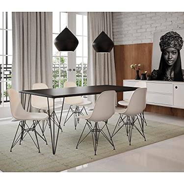 Imagem de Mesa Sala De Jantar Industrial Clips Preta 135x75 Com 6 Cadeiras Eiffel Brancas De Ferro Preto