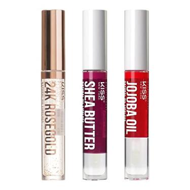 Imagem de Kiss Pacote com 3 óleos labiais New York, óleo labial hidratante não pegajoso, brilho labial transparente 100% natural, hidratante labial leve (ouro rosa, manteiga de karité e jojoba)