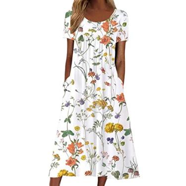 Imagem de Vestidos plus size para mulheres boho floral estampado vestido longo manga curta vestido casual solto vestido maxi vestido vintage (Z1-White, XXL)