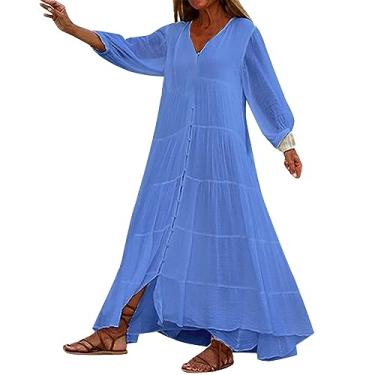 Imagem de UIFLQXX Vestido feminino de retalhos de cor sólida manga longa gola V solto de algodão e linho vestido de coquetel vestido evasê, Azul, M