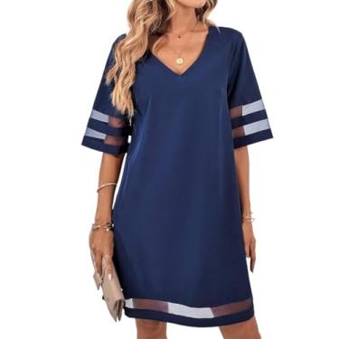 Imagem de Camisa Feminina Solid V Neck Contrast Mesh Tunic Dress (Color : Navy Blue, Size : CH)