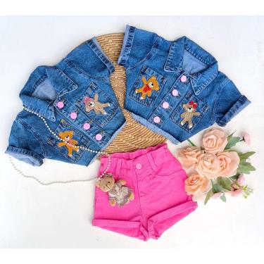 Imagem de Conjunto menina short e cropped jeans ursinho