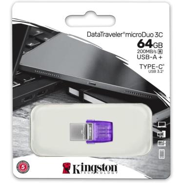 Imagem de Pen Drive 64GB Kingston Datatraveler MicroDuo 3C, com inferfaces USB 3.2 Ger.1 Tipo A e Tipo C, Leitura 200MB/s, DTDUO3CG3/64GB
