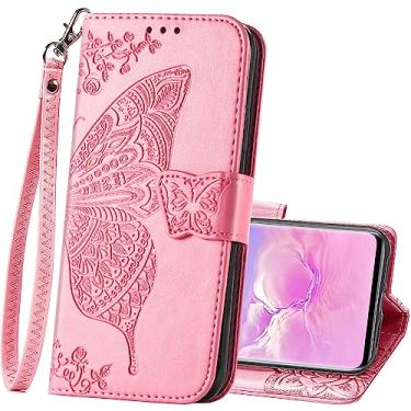 Imagem de Capa de telefone carteira para Samsung Galaxy S10e, feminina, flip fólio, couro PU, capa protetora com alça de pulso, compartimentos para cartões, bolso em relevo borboleta flor, suporte flip para Samsung Galaxy S10e rosa