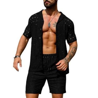 Imagem de URRU Conjunto masculino de 2 peças de verão para praia, transparente, manga curta, floral, renda, conjunto de camisetas e shorts, Preto, P