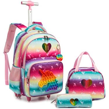 Imagem de Egchescebo Mochila Escolar Infantil com Rodinhas para Menino e Crianças Rodas Bolsa Mala Carrinho 17” 3PCS Lancheira Juvenil Estojo Costas Divertidamente Toy Brinquedos de Unicórnio Rosa