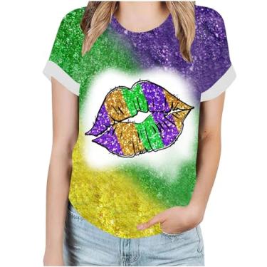 Imagem de Camiseta feminina Mardi Gras de manga curta estampada camisetas de férias camisetas casuais folgadas blusas de carnaval, Multicor, 4G