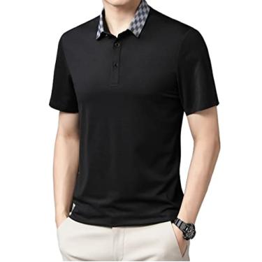Imagem de Polos masculinos de poliéster cor sólida camisa esportiva slim-fit leve manga curta absorção de umidade estiramento seco esporte moda(Color:Black,Size:L)