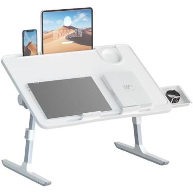 Imagem de Mesa de colo para cama, suporte dobrável para mesa de cama, bandeja de cama portátil ajustável para laptop, mesa com gaveta de armazenamento, suporte de copo para comer, trabalhar, escrever no sofá no